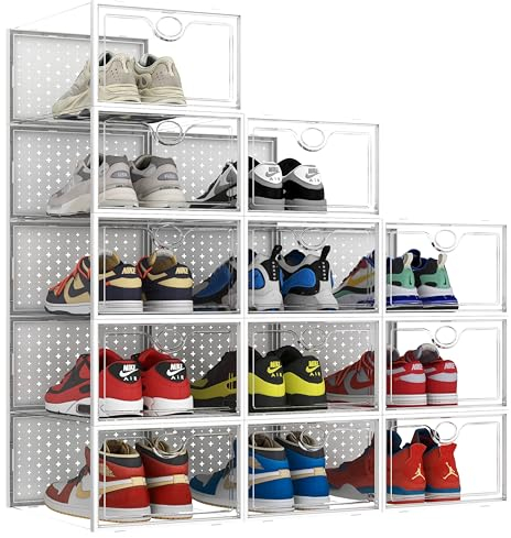 Pinkpum XXL Shoe Boxes, 12 Pack Clear Plastic Stackable Shoes Storage Organiser, Fit Size 14, Sneakers Containers, Great Substitute for Shoe Rack, White