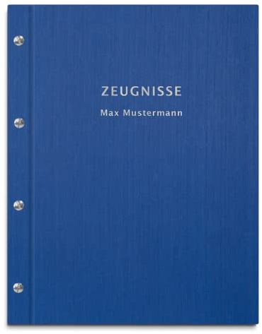 Personalisierte Zeugnismappe in blauer Leinenoptik – mit 30 Hüllen für DIN-A4 Dokumente – 2-zeiliger Wunschtext als Prägung