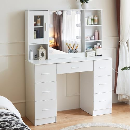 Buildonely Großer Schminktisch mit Beleuchtung, 3 Farbtemperaturen und Einstellbarer Helligkeit, Kosmetiktisch mit Spiegel, 7 Schubladen, Modern, Weiß, 109x40x140 cm