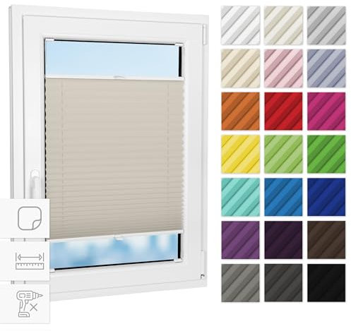 Estika Plissee zum Kleben Innenrahmen - Beige - 90 cm x 200 cm - Ohne Bohren, Rollos für Fenster, Jalousien für Innen