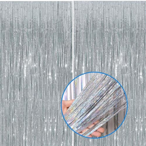 Jonami Lametta Vorhänge Silber Glitzer, 2X Folie Fransen Vorhang Schimmer, Metallic Tinsel Vorhange Hintergrund Fringe Glitzervorhänge Fransenvorhang Metallfolie fur Party Deko Geburtstagsdeko -2stk-