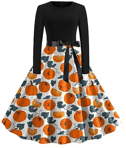 Halloween Kostüm Damen Retro Kleidung Damen Temperament Langarm Gebundene Taille Tunika Festlich Rundhals Teufel Swing Gastkleider Festliches Abendkleid (Orange, S)