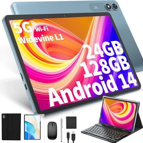HISORL Tablette Android avec clavier Android 14 10 24 Go + 128 Go, 1 To Expand, 8 cœurs, 8000 mAh, WiFi 5G, Widevine L1, GMS Tablette 2 en 1 avec clavier, souris, stylet capacitif