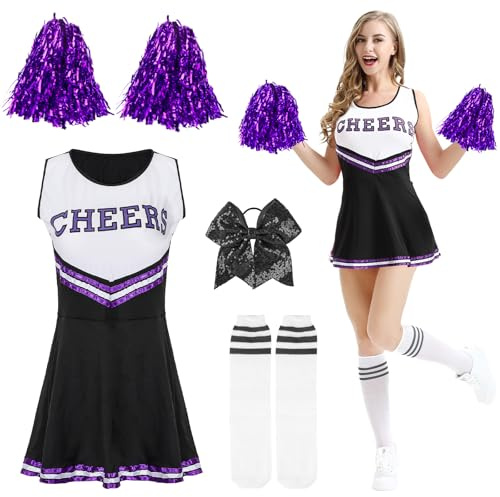 Moiuguli Cheerleader Kostüm Damen, Cheerleader Outfit Cheerleader Kostüm mit Cheerleader Pompons und Socken, Superstar Cheerleader Costume für Karneval Kostüm Damen und Partei
