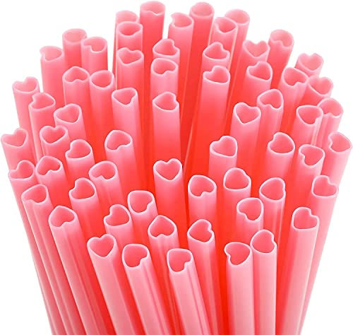 REAPEX Reusable Plastic Straws, Cute Heart-Shaped Straws with Cleaning Brushes, Smoothies Coffee Drinking Juice Milkshakes Cocktail, for Valentine's Day, Birthday Party, Wedding (20 Pcs, Pink)