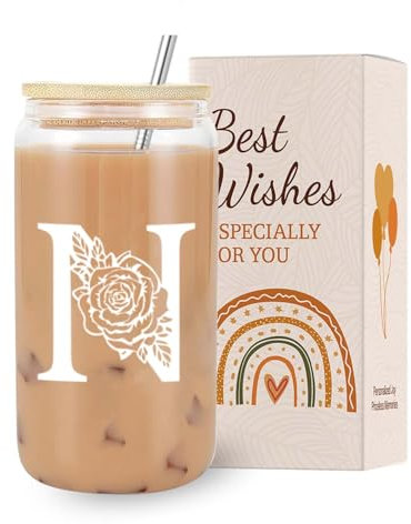 VivaJoy A-Z Initial Personalised Birthday Gifts for Women - Monogrammed Gifts for Women,Initial Letter N,Glass Cups with Lids Straws, Christmas or Birthday Gifts for Her,Mum,Friend,Sister（Letter-N）