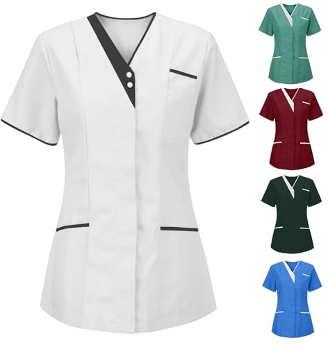 POIUIYQA Tunique Médicale Femme Col en V Manche Courte Uniforme De Travail Blouse Infirmiere Femme Professionnelle Uniforme D'infirmière Uniforme De Travail Esthéticienne Cadeau Secretaire Medicale