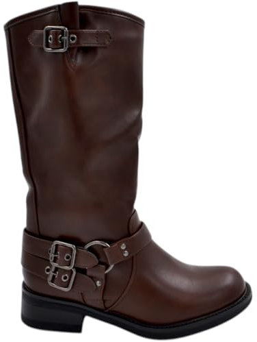 Stivali Donna Alto Meta' Polpaccio in Pelle Marrone Morbido con Fibbie Biker con Suola Antiscivolo Tacco 5 cm Comodo (36 EU)