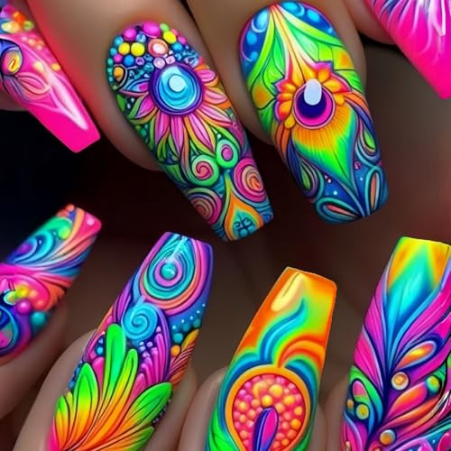 24Pcs Peacock Feather Press on Nails, Glitter Acrylic Full Cover Coffin Nails –Medium Press ons, Ballet Tip Design