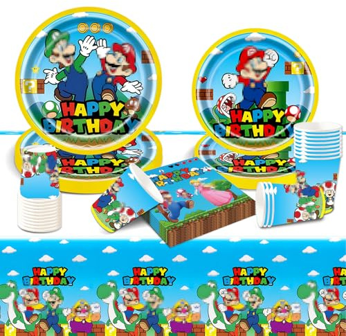 Luclay Geburtstag Partygeschirr Pappteller Kindergeburtstag- Partygeschirr Birthday Super Bros Geburtstagsdeko Mädchen Junge Geschirr Party Tableware Supplies Kit Teller Tischdecke Servietten Tassen