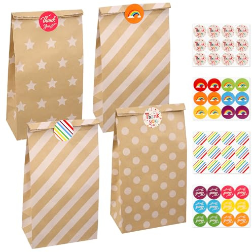 Mexgcom 20 Stück Papiertüten Braun, 24 x 13 x 8 cm Tüten Papier mit 48 Aufkleber, Papiertüten Kindergeburtstag Geschenktüten für Kindergeburtstag, Hochzeit, Feiern
