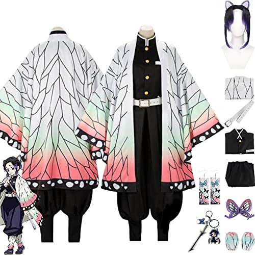 bbganlian Anime Charakter Kochou Shinobu Cosplay Kostüm Outfit Kanroji Mitsuri Rollenspiel Uniform Komplettes Set Halloween Party Karneval Dress Up Anzug mit Perücke für Frauen