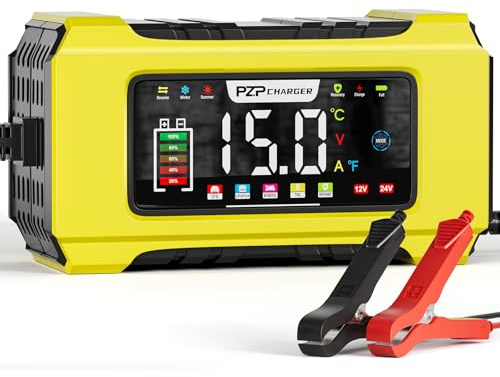 PZP 15-Amp 12V/24V Smart Battery Charger, Maintainer & Trickle Charger for LiFePO4, Lead Acid Batteries - Fully Automatic 9-Stage Charging w/Temp Compensation for Motorcycle Car Truck Lawnmower Boat