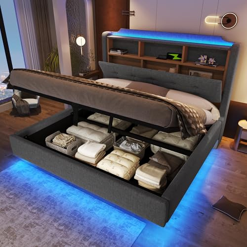 FammyLoft Polsterbett 140 × 200 mit Schwebendes Design, Hydraulisches Stauraumbett mit Staufächer, Jugendbett mit LED-Lichtleiste & USB/Typ-C-Anschlüsse, Doppelbett, Ohne Matratze, Leinen