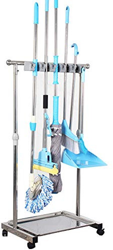 QTJH movable mop broom holder put wet mops floor standing cleaning tool rack stainless for schools, hospitals, factories, hotels, restaurant, etc.