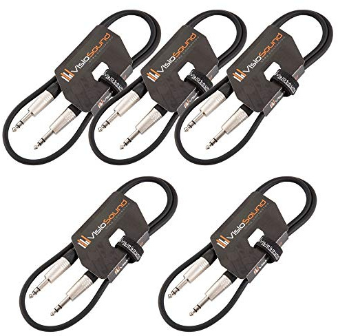 VisioSound 5 x 6.35mm 1/4 Stereo TRS Jack to TRS Jack Lead/Balanced Signal/Audio Patch Cable (Black, 1m, Pack of 5)