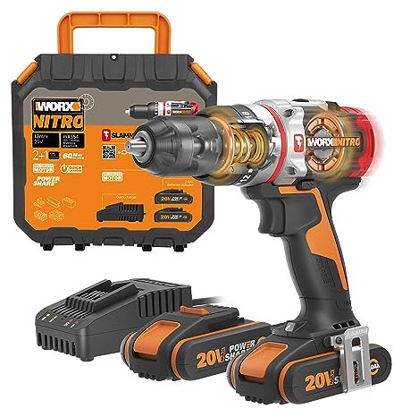 WORX Nitro 18V(20V MAX) Cordless Impact Drill WX354, Slammer Drill, 60N.m, 2-Speed, 2 x 2Ah Batteries Included