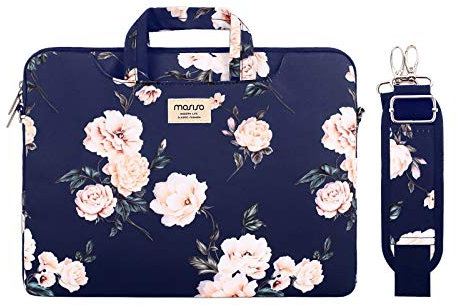 MOSISO Laptop Shoulder Bag Compatible with MacBook Air 15 inch M3 M2 2025-2023/Pro 16 M4 M3 M2 M1 2025-2019,15-15.6 inch Notebook Computer, Camellia Carrying Briefcase Sleeve with Trolley Belt, Blue