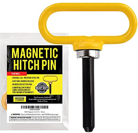 MISSION AUTOMOTIVE Yellow Magnetic Hitch Pin - Lawn Mower Trailer Hitch Pins - Ultra Strong Neodymium Magnet Trailer Gate Pin for Simple One Handed Hook On & Off