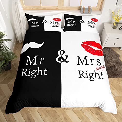Liebhaber Bettwäsche Set 135x200cm für Paar Herr Frau Bettbezug Set Liebe Mann Schnurrbart Frau Lippen Romantik Lustiges Zitat Betten Set Raumdekor Schwarz Weiß Kreativ 2St
