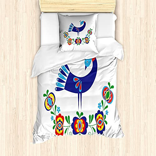 ABAKUHAUS Folkloric Bettbezug Set für Einzelbetten, Ukrainische Kultur Blumen, Milbensicher Allergiker geeignet mit Kissenbezug, 135 cm x 200 cm - 80 x 80 cm, Mehrfarbig