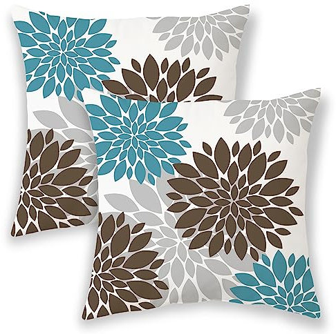 Braun-blaue Kissenbezüge, 45.7x45.7 cm, 2 Stück, geometrische, elegante Dahlie, dekorative Wurfkissen, dunkle blaugrüne Blume, Outdoor-Dekor, quadratischer Kissenbezug, Terrasse, Couch