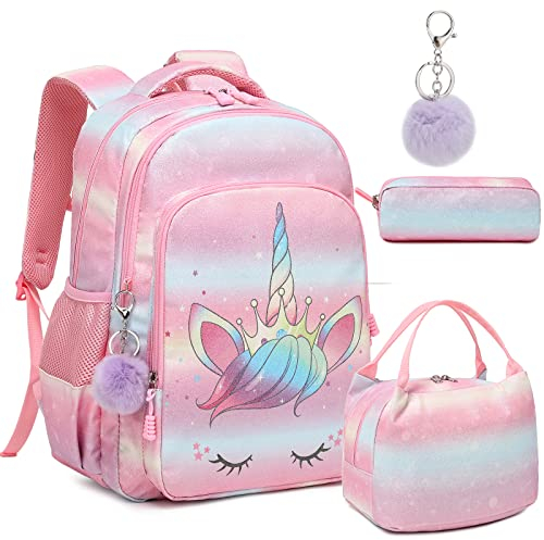 Kimwadalh Mädchen Rucksack Glitzer Schultasche Schulranzen Set Schulrucksack Mädchen Jungen Rucksack 3 Teilig,Kinderrucksack Ergonomisch Rucksack mit Brustgurt