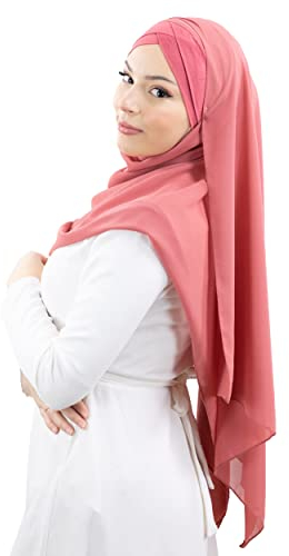 Lamis Hijab - Hijab Foulard à Enfiler croisé avec bonnet intégré pour femme musulmane voilée châle islamique voile enfilable HE100 (Corail)