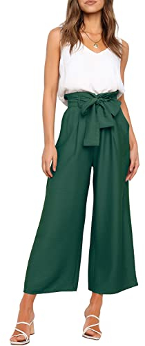 FANCYINN Damen 2 teiliges Crop Pants Set mit weitem Bein Wide Strap V-Ausschnitt Tank High Waist Cropped Paper Bag Hose mit Gürtel