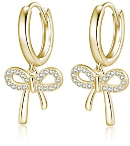 Reffeer Solide 925 Sterling Silber Schleife Creolen für Frauen Schleife Baumeln Ohrringe Schleife Huggie Ohrringe Tropfen (B-18K Gold Plated)