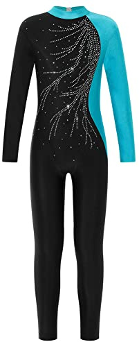 CHICTRY Gymnastikanzug Mädchen Langarm Ganzkörper Voltigieranzug Strass Glitzer Sportbody Stehkragen Tanztrikot Zwefarbig Patchwork Leotard Dancewear