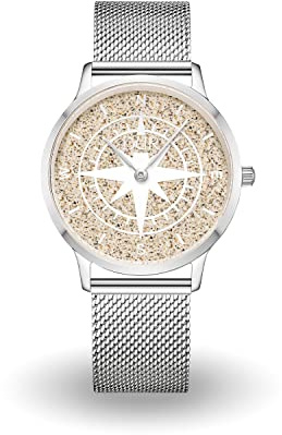 DUR Uhr Kompass oder „Küste“ mit Strandsand oder Lavasand, wasserdichte Edelstahl-Uhr mit Saphir Glas, Armband aus Leder oder Edelstahl, Damen und Herren