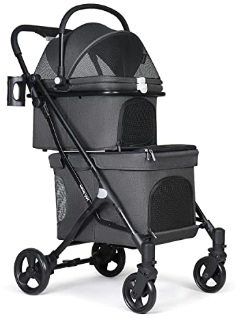 Beberoad Pets T1 Doppelter Haustier-Kinderwagen für 2 kleine Hunde oder Katzen, leicht, faltbar, Doppel-Katzenwagen mit abnehmbarer Tragetasche, Schwarz