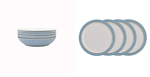 Denby Elements Blue Pasta Bowls Set of 4 & 381048904 Elements 4 Piece Medium Plate Set, Blue