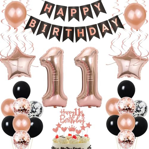 Luftballon 11. Geburtstag Dekoration Rose Gold Schwarz Geburtstagsdeko 11 Jahre Tortendeko Geburtstag 11 Mädchen,Happy Birthday 11 Mädchen