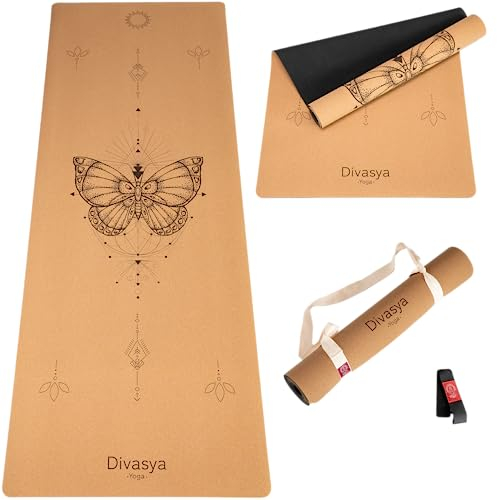 DIVASYA Premium Yogamatte aus Naturkautschuk und Kork: Rutschfest, Natürlich & Nachhaltig, Großzügige Maße (183x66x0,4cm), Mit Tragegurt, Schadstofffrei