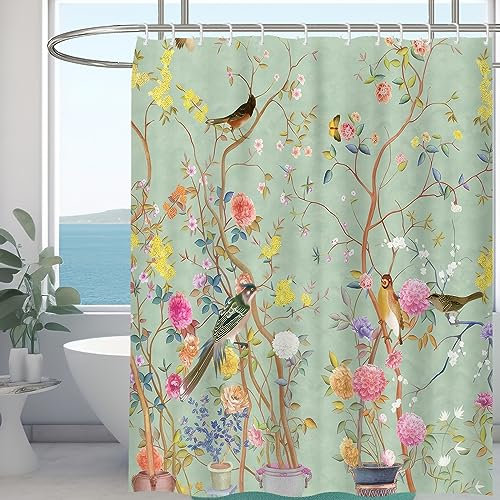 Minicoco Mould Proof Resistant Wet Room Shower Curtain 100% Polyester Waterproof Bathroom Curtain Floral Scenery with 12 Hooks, 180 x 180 cm (Butterfly Bird Flower)