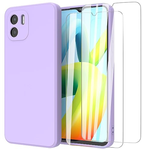 MIKULLE Funda para Xiaomi Redmi A1 / Redmi A2 4G con Cristal Templado Protector de Pantalla,Ultra Slim Protectora Anti-Choques Carcasa de Silicona Líquida TPU Suave Case Cover - Púrpura