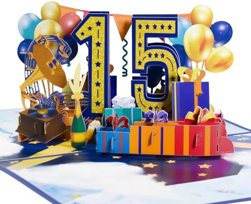3D Pop-Up Karte 15. Geburtstag oder 15. Hochzeitstag – Festliche Karte mit Goldglitter, Ballons, Geschenken, Champagner und Trompete für Jubiläum und Geburtstagsfeier