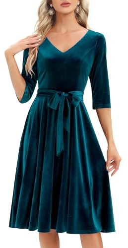 Bbonlinedress Samtkleid Damen Langarm Midilang Abendkleid elegant für Hochzeit Winter Festliche Kleider Vintage Rockabilly Cocktailkleid Party Weihnachtskleid Turquoise L