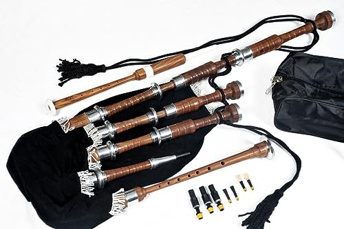 Great Highland Dudelsack von Hakam Din aus natürlichem Cocobolo-Holz mit Nickel-Silber-Halterungen und schwarzer Abdeckschnur für Schüler, komplettes Starter-Set mit Anfänger-Anleitungsbuch