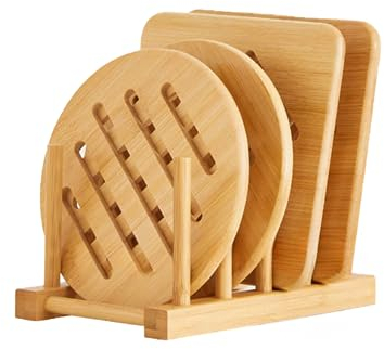 AlftoTrivets for Hot Pots and Pans, Bamboo Trivet Hot Pads for Kitchen Counter, Trivet Stand Mat Set Coaster for Kitchen, Wooden Heat Resistant Holder for Bowl/Dishes/Teapot/Table (4pcs+1rack)