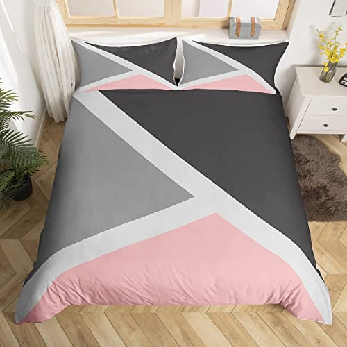 Ensemble de Literie Rose Gris pour Filles Femmes Enfants, Housse de Couette Triangle Géométrique Patchwork, Parure de Lit Rose Gris Clair Gris Foncé, Housse Couette 220x240 Géométrique, Doux