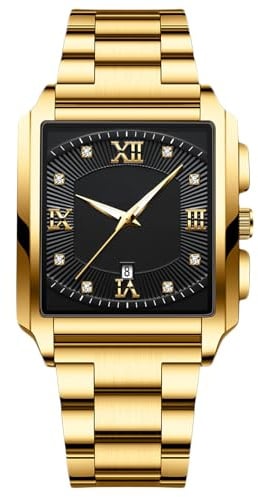 RORIOS Herren Quadratische Armbanduhr Quarz wasserdichte Uhr Elegant Diamant Uhren Einfache Vintage Uhr Kalender Leuchtend Uhr Edelstahl Armband für Männer Schwarz Gold A