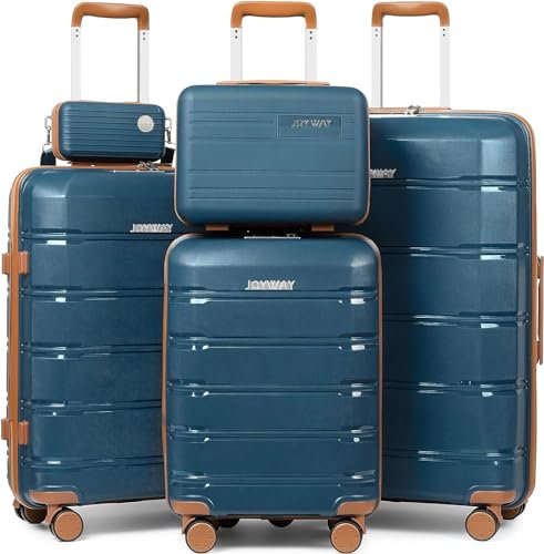 Joyway Kofferset 5tlg Hartschale mit 4 Rollen und TSA-Schloss Der Gepäcksets Enthält 1 Kosmetikkoffer und 1 Tragbare Tasche Blau/Braun