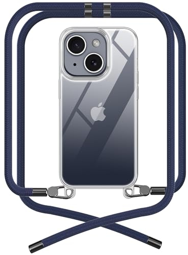 OLEPHY Premium Handykette für Apple iPhone 15 Hülle mit Band | Transparente Handyhülle mit hochwertiger Abnehmbarer Kordel zum Umhängen - Smartphone Necklace [Dunkelblau]