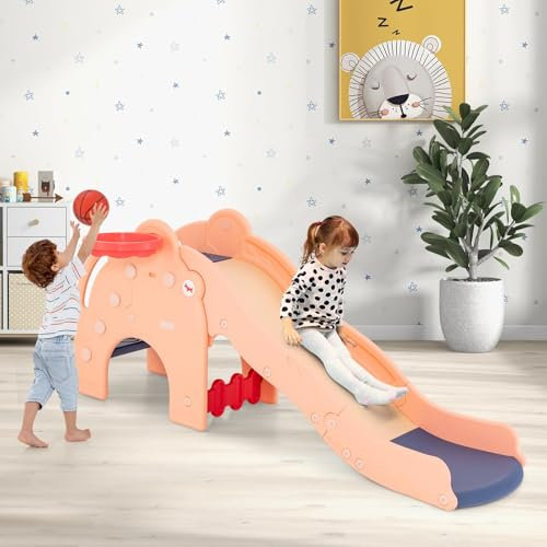 RELAX4LIFE Scivolo con Canestro per Bambini, Scivolo Lungo con Area Cuscinetto e Gradini Antiscivolo, Barriera con Luna e Nuvole, Centro Attività Interno ed Esterno (MODELLO 3-ROSA)