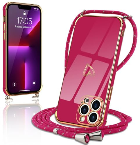 Micoden Handykette kompatibel mit iPhone 13 Pro Necklace Hülle mit Band Kameraschutz Herz Love Design Galvanik Silikon Case Bumper Kordel zum Umhängen Handyhülle Stoßfeste Schutzhülle,Rosa Rot