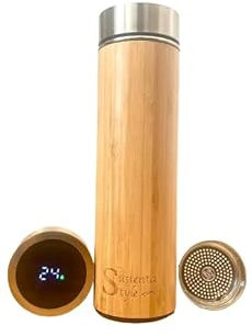Botella Agua Acero Inoxidable 500ml Térmica Termo Café Bambú Pantalla Digital Indicador Temperatura Libre de BPA Mantiene Fría o Caliente la Temperatura (Incluye Pila)