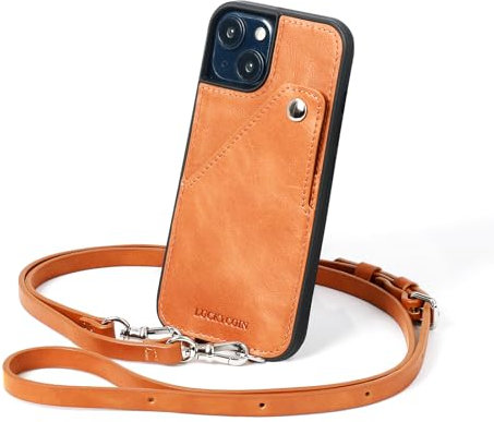 LUCKYCOIN Leather Wallet Phone Case for iPhone 13 with Wrist Strap/Card Holder,Genuine Leather Travel Crossbody Case for Women,Purse Cover for Girl,Pouch Case with Adjustable Neck Cord-Brown